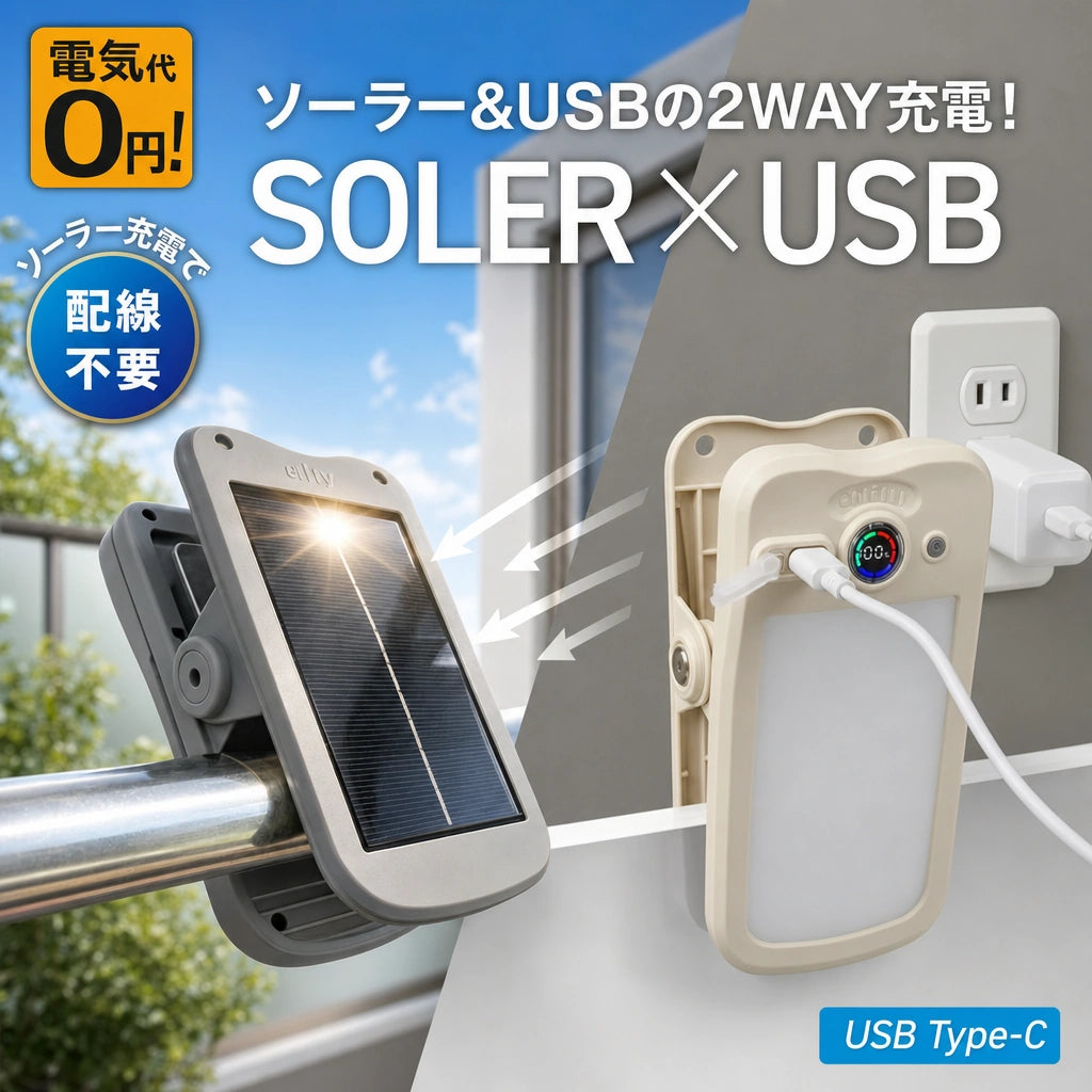 クイックソーラー® 1秒クリップソーラーライト｜人感センサー・USB充電・IP65防水