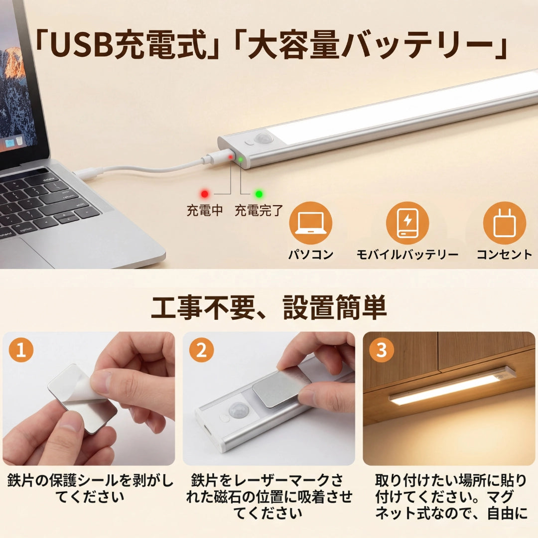 USB充電式センサーライト 大容量バッテリー 工事不要 簡単3ステップ設置 パソコン モバイルバッテリー コンセント充電対応