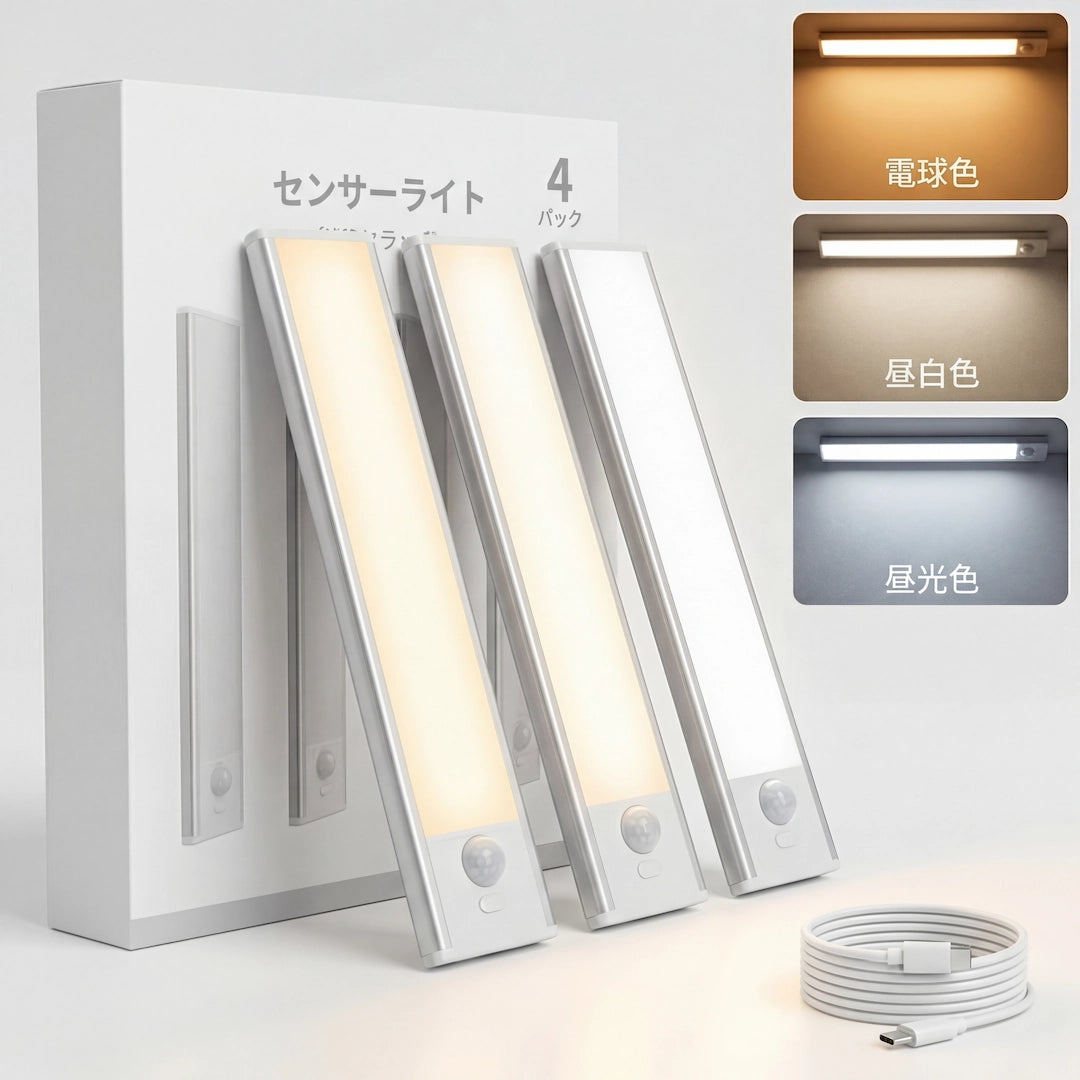 LED人感センサーライト 4個セット パッケージ内容 USB-Cケーブル付属 3色温度切替 電球色 昼白色 昼光色